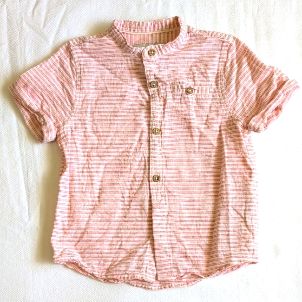 zara linen cotton blend orange striped button down shirt size 4 toddler boys